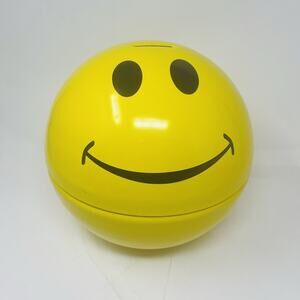 Vintage Happy Face LARGE Metal Tin Emoji Coin Money Kids Yellow Piggy Bank 9"